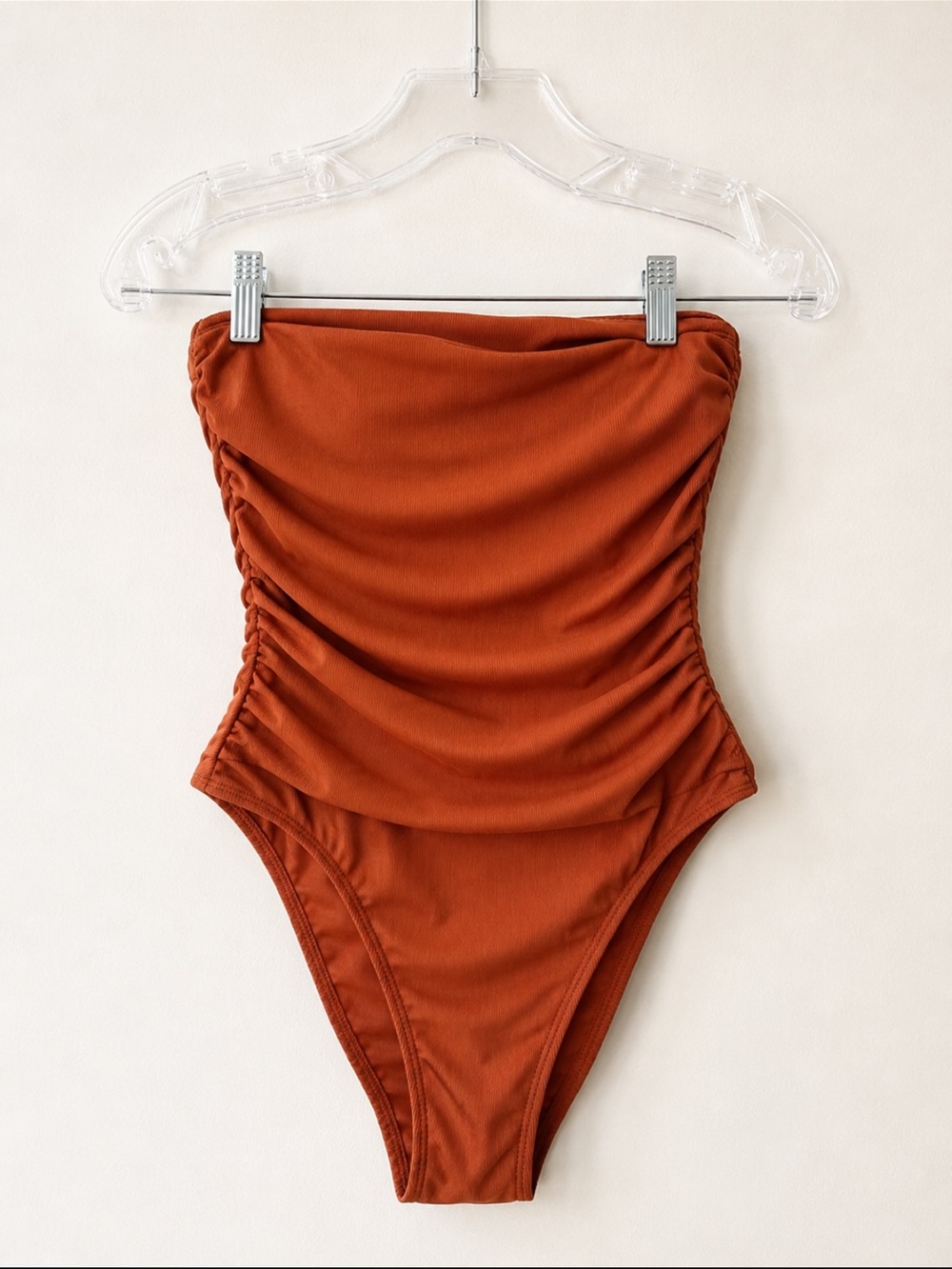 Shade & Shore Shirred Ribbed Bandeau One Piece Swimsuit - Rust